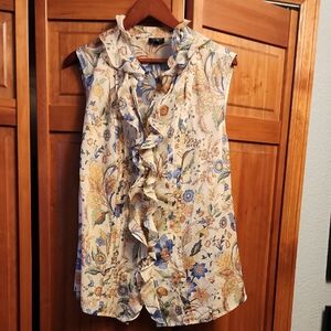 Talbots Blue and Cream Floral Ruffle Blouse